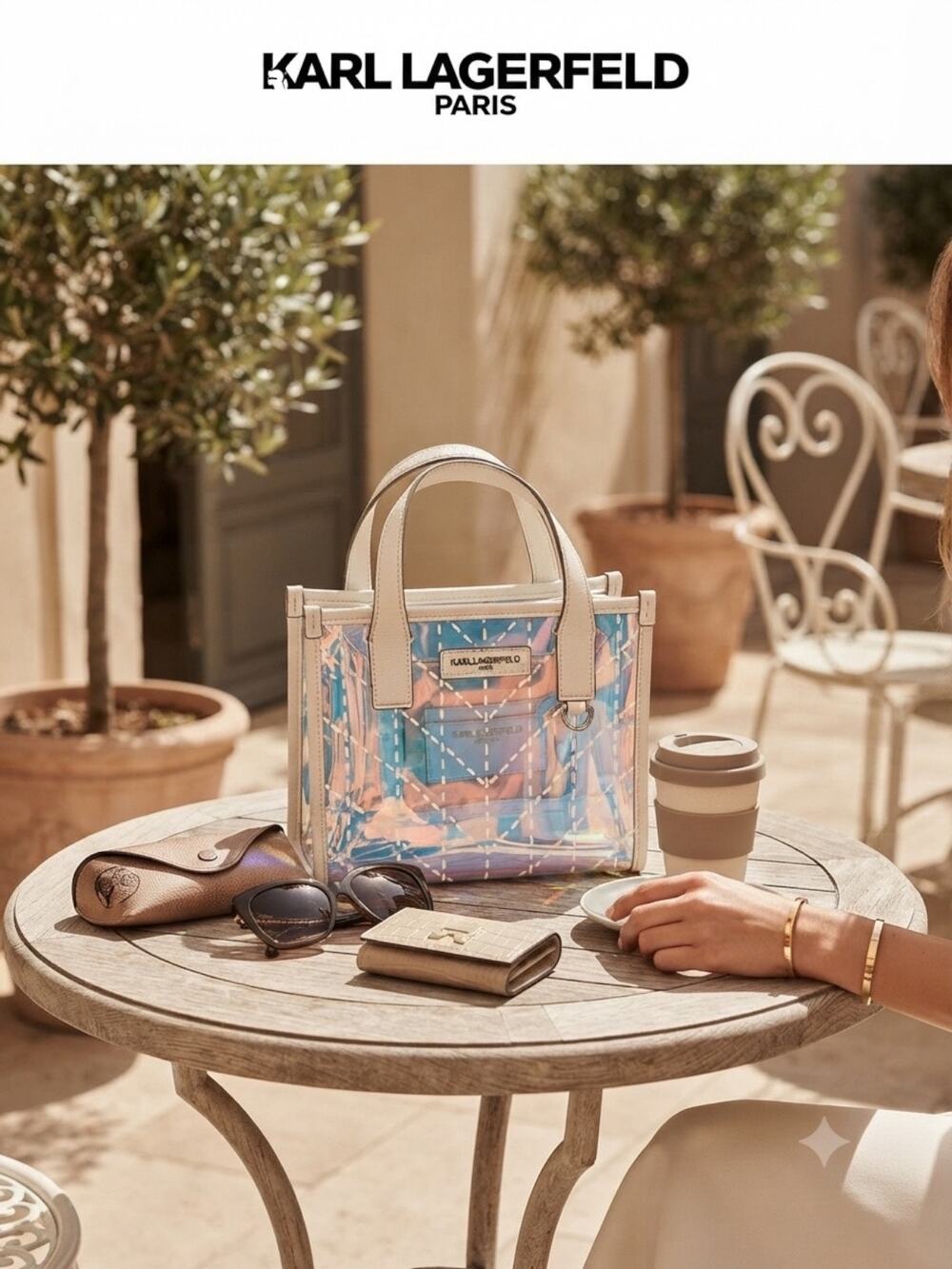 Karl Lagerfeld Paris Iridescent Transparent Crossbody Tote Bag White